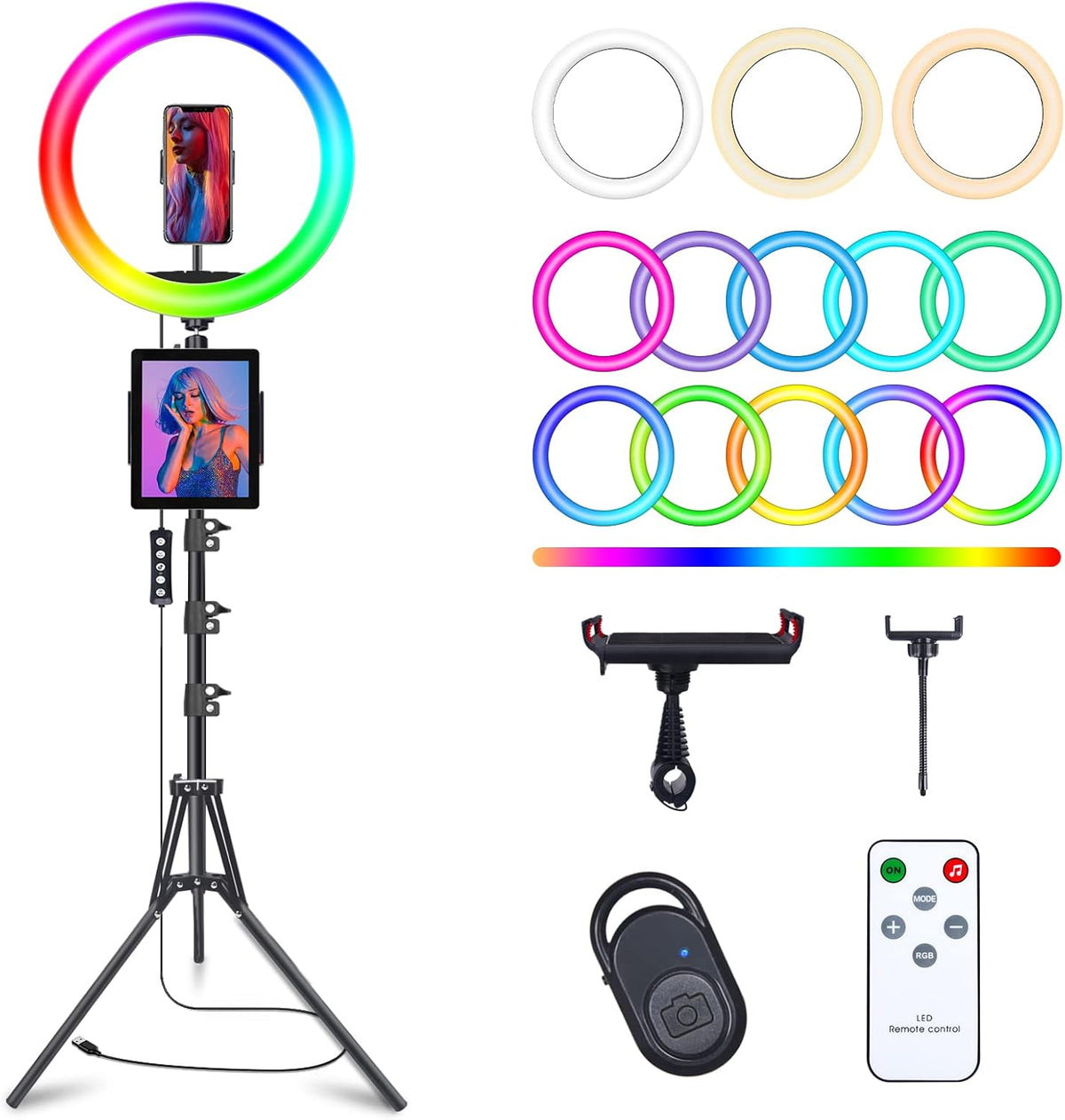 10" Selfie Ring Light with 73" Tripod Stand & 1 Phone Holder, LED Camera Ringlight with 48 RGB Colors Modes & Musical Rhythm Mode