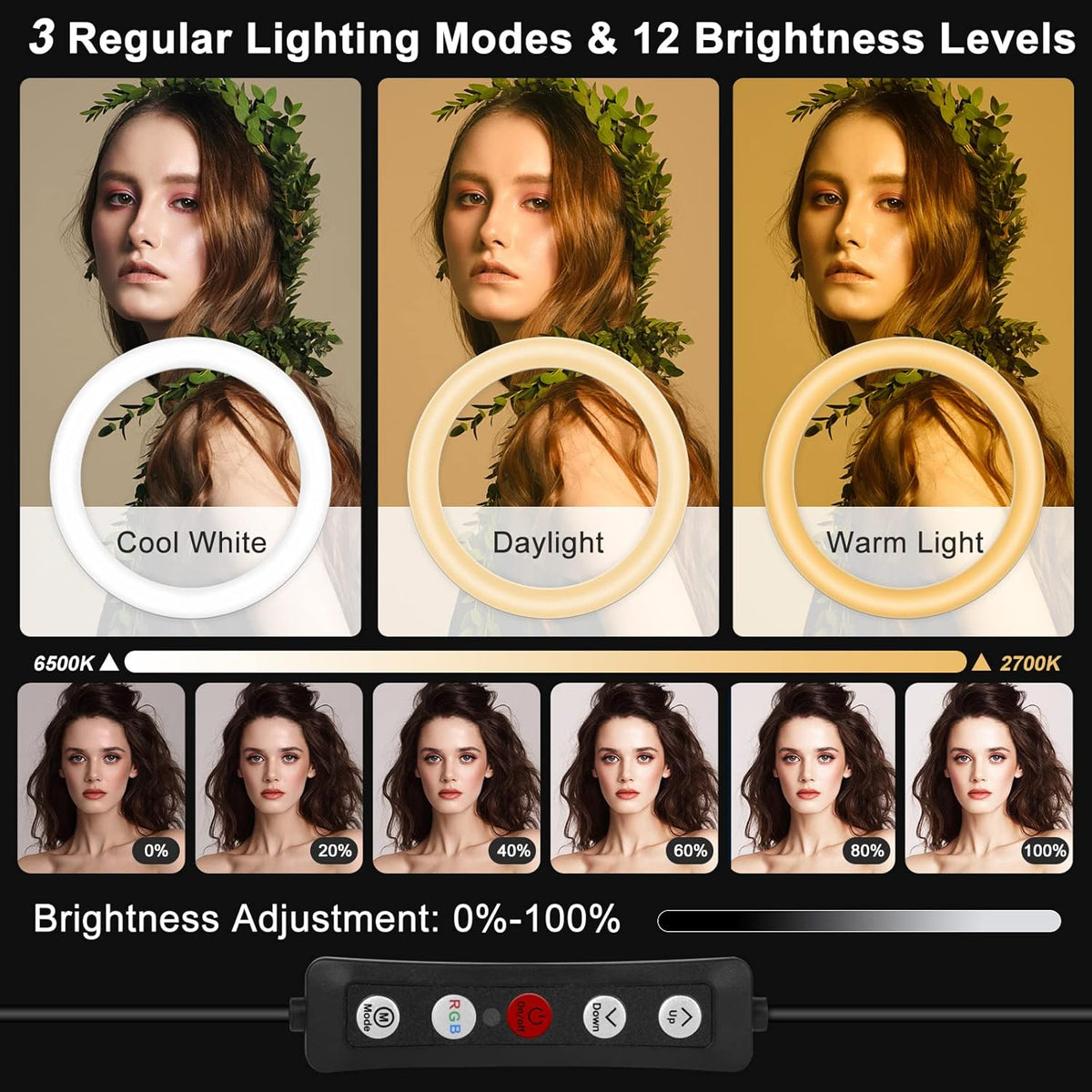 10" Selfie Ring Light with 73" Tripod Stand & 1 Phone Holder, LED Camera Ringlight with 48 RGB Colors Modes & Musical Rhythm Mode