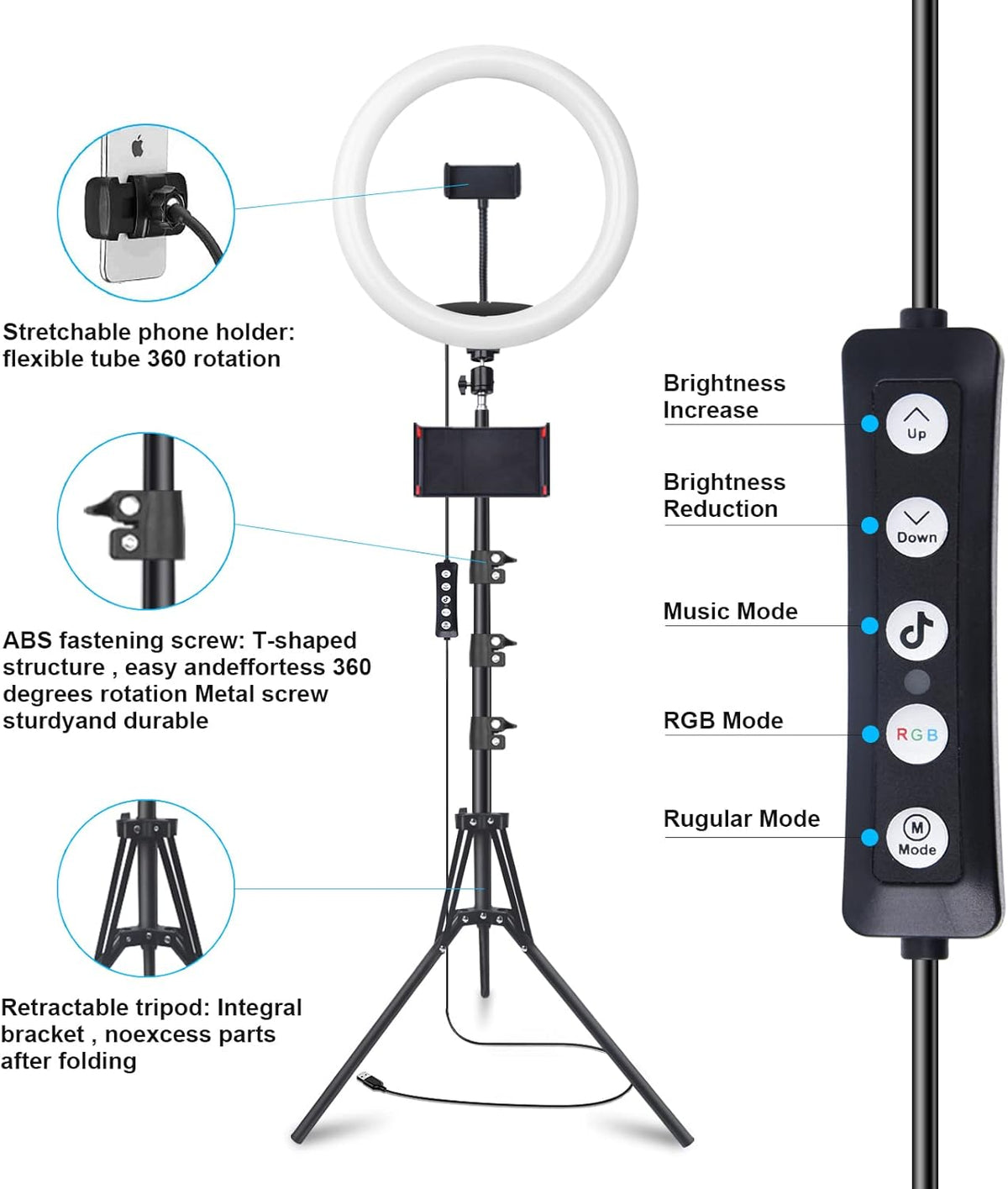 10" Selfie Ring Light with 73" Tripod Stand & 1 Phone Holder, LED Camera Ringlight with 48 RGB Colors Modes & Musical Rhythm Mode