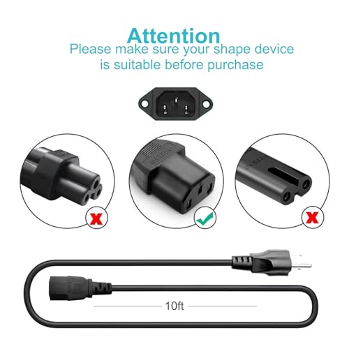 10ft 3-Prong AC Power Cord - Universal Replacement Cable for TV, Computer, Monitor & Treadmills