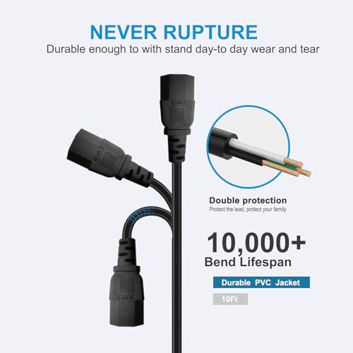 10ft 3-Prong AC Power Cord - Universal Replacement Cable for TV, Computer, Monitor & Treadmills
