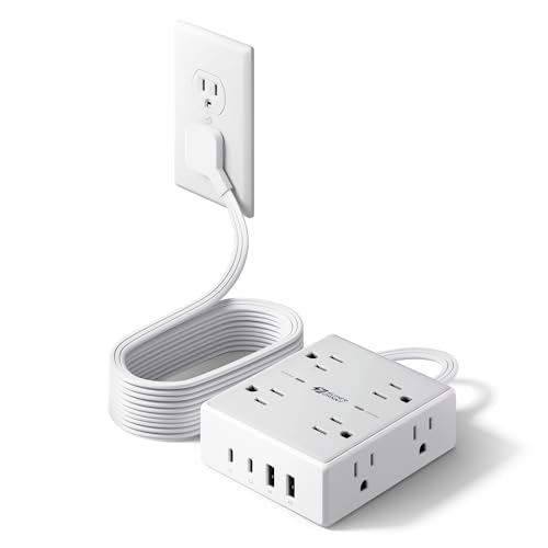 10Ft Extension Cord with Multiple Outlets, Flat Plug Surge Protector Power Strip 10 Ft Long Cord, 8 Outlets & 4 USB Ports (2 USB C)