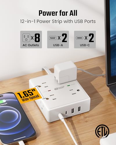 10Ft Extension Cord with Multiple Outlets, Flat Plug Surge Protector Power Strip 10 Ft Long Cord, 8 Outlets & 4 USB Ports (2 USB C)