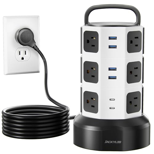 Power Strip Tower JACKYLED Surge Protector Electric Charging Station with 13A 12 Outlets 6 USB Ports Heavy Duty Extension Cord