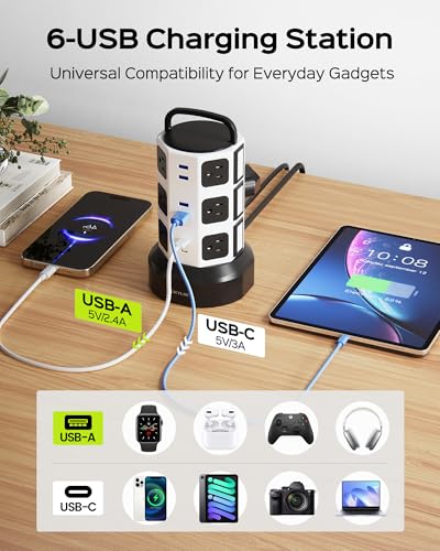 Power Strip Tower JACKYLED Surge Protector Electric Charging Station with 13A 12 Outlets 6 USB Ports Heavy Duty Extension Cord