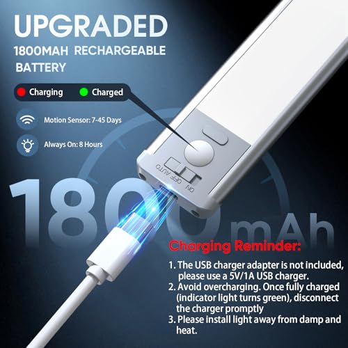 10inch Under Cabinet Lighting, 2 Pack Rechargeable Motion Sensor Light Indoor, 5 Levels Dimmable Magnetic Closet Lights, Wireless Under Counter Lights