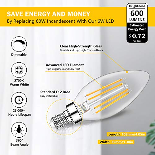12-Pack Dimmable E12 LED Candelabra Bulbs 60W Equivalent, 2700K Soft Warm White, 600 Lumens B11 Candle Base 6W C35 LED Filament Vintage Light Bulbs