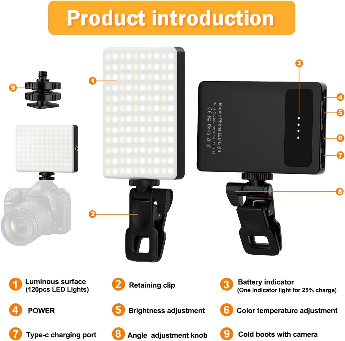 120 LED Selfie Light for iPhone, Portable Phone Light with Clip & Camera Tripod Adapter - 5000mAh Rechargeable, 3 Lighting Modes