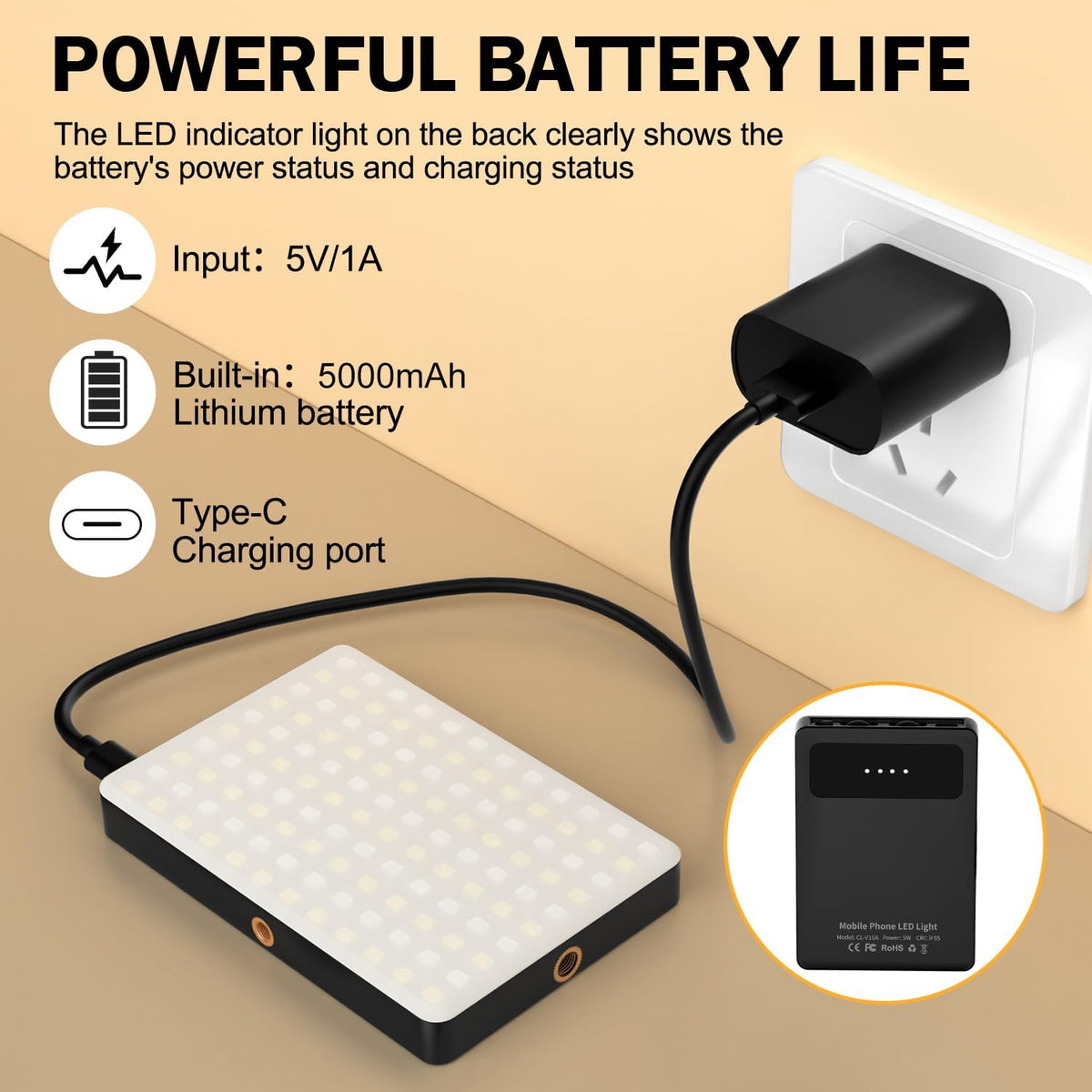 120 LED Selfie Light for iPhone, Portable Phone Light with Clip & Camera Tripod Adapter - 5000mAh Rechargeable, 3 Lighting Modes