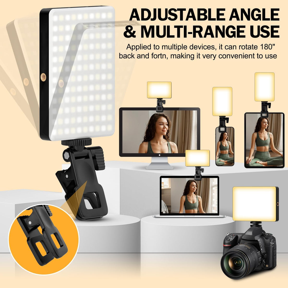 120 LED Selfie Light for iPhone, Portable Phone Light with Clip & Camera Tripod Adapter - 5000mAh Rechargeable, 3 Lighting Modes