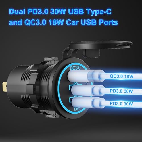 12V USB Outlet Wire USB Charger Multi Port, Dual PD3.0 USB-C and Quick Charge3.0 Car Port Socket with Power Switch
