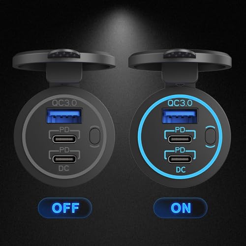 12V USB Outlet Wire USB Charger Multi Port, Dual PD3.0 USB-C and Quick Charge3.0 Car Port Socket with Power Switch