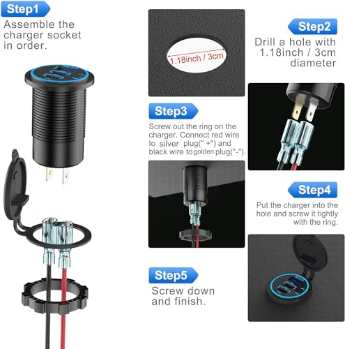 12V USB Outlet Wire USB Charger Multi Port, Dual PD3.0 USB-C and Quick Charge3.0 Car Port Socket with Power Switch