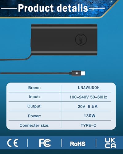 130W USB C Laptop Charger Compatible with Dell Precision 5570 5560 5550 5530 5760 5750 3560 Latitude 7410 7310 7210 9410 9510 5420 5520 5510 XPS 15 17