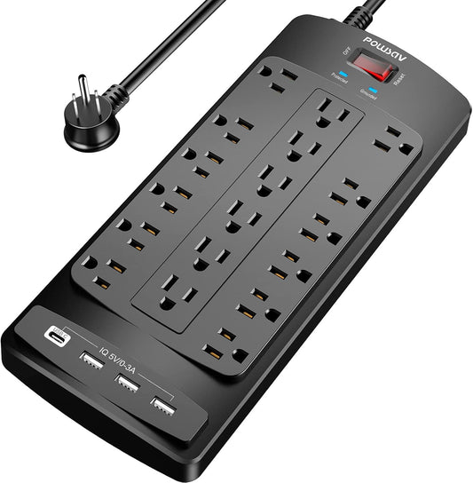 18 Outlets Surge Protector Power Strip - 6 Feet Flat Plug Heavy Duty Extension Cord with 18 Widely Outlets and 4 USB Ports, 2100 Joules, Black