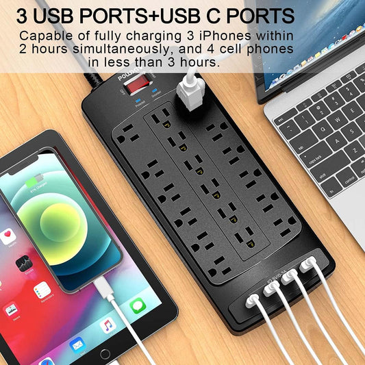 18 Outlets Surge Protector Power Strip - 6 Feet Flat Plug Heavy Duty Extension Cord with 18 Widely Outlets and 4 USB Ports, 2100 Joules, Black