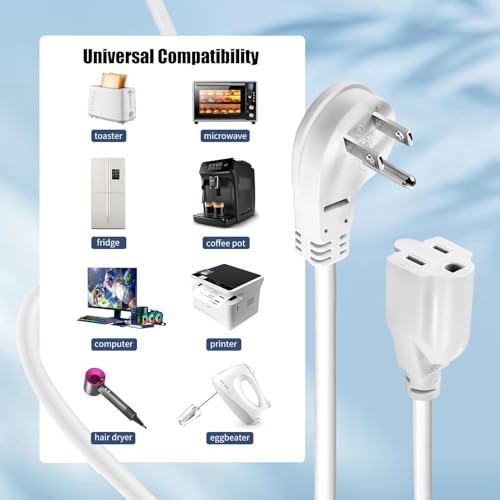 1875W Short Extension Cord, 15A 14AWG Low Profile Flat Plug Heavy Duty Extension Cord Outlet Saver 3-Prong Grounded Power Extension (White 1 Feet)