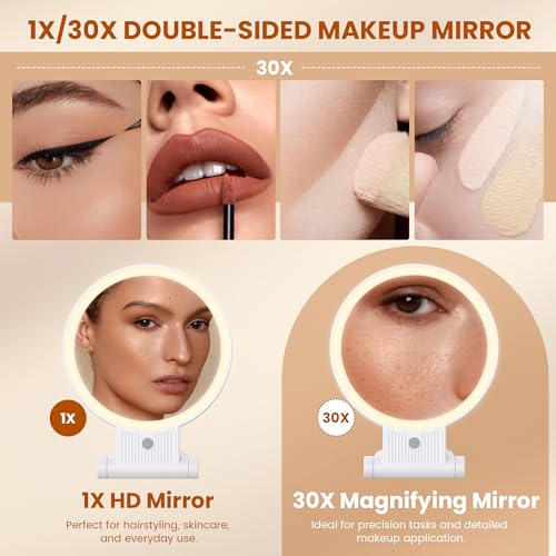 1X/30X Lighted Makeup Mirror with Magnification, Double-Sided Switch, 3-Color Lights, 2000mAh Rechargeable, Adjustable Brightness