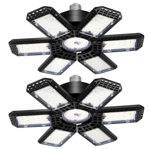2 Pack Garage Lights, 200W 20000LM 6500K LED Shop Lights, Garage Light Ceiling Led with 6+1 Deformable Panels, Screw in E26/E27 Socket Bulb