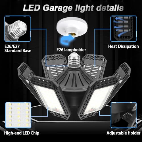 2 Pack Garage Lights, 200W 20000LM 6500K LED Shop Lights, Garage Light Ceiling Led with 6+1 Deformable Panels, Screw in E26/E27 Socket Bulb