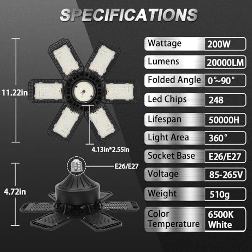 2 Pack Garage Lights, 200W 20000LM 6500K LED Shop Lights, Garage Light Ceiling Led with 6+1 Deformable Panels, Screw in E26/E27 Socket Bulb
