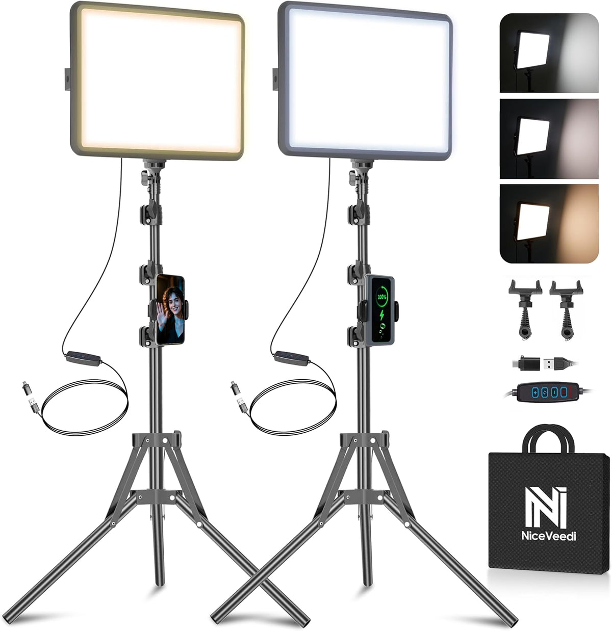 2-Pack LED Video Light Kit, NiceVeedi Studio Light, 2800-6500K Dimmable Photography Lighting Kit with Tripod Stand&Phone Holder, 73" Stream Light