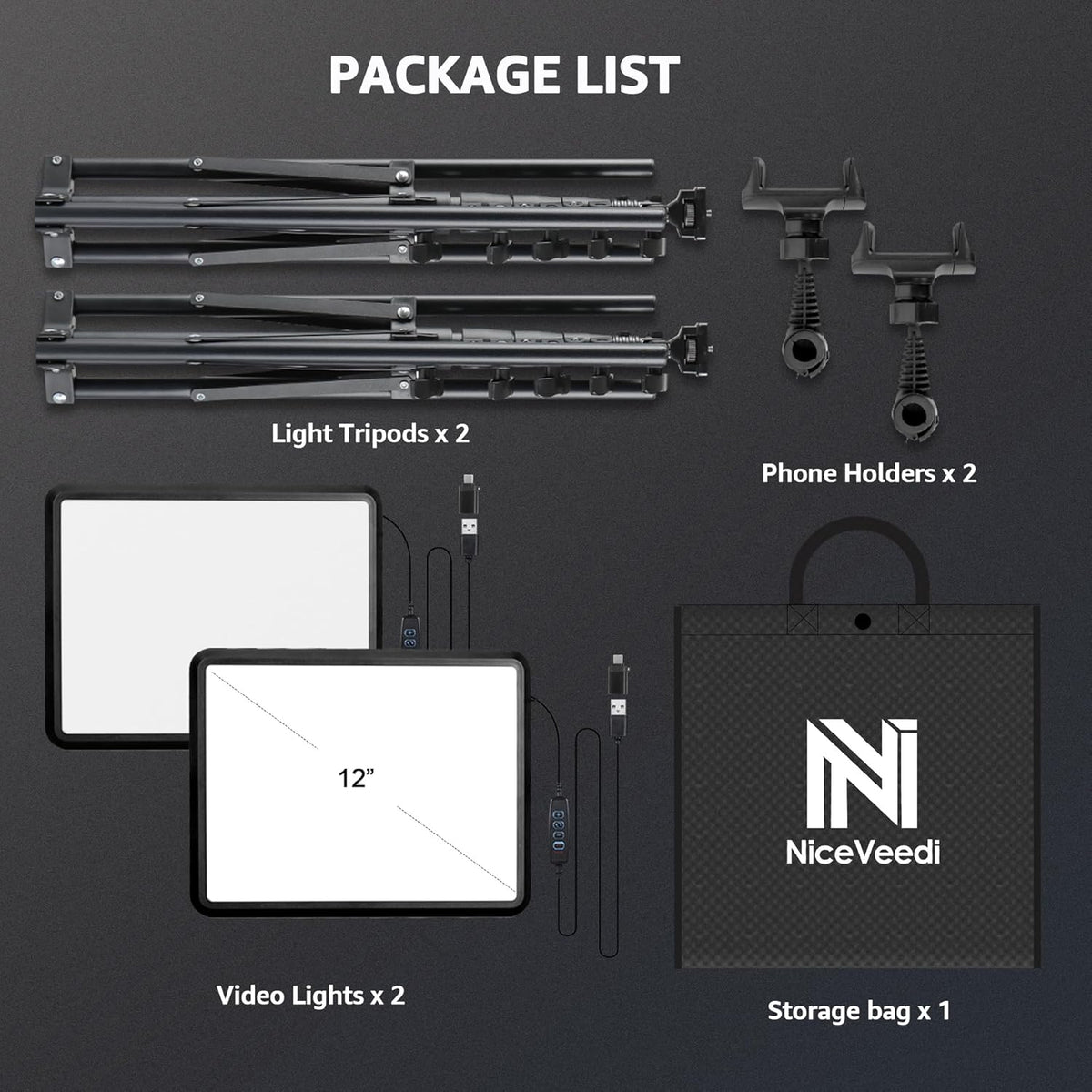 2-Pack LED Video Light Kit, NiceVeedi Studio Light, 2800-6500K Dimmable Photography Lighting Kit with Tripod Stand&Phone Holder, 73" Stream Light