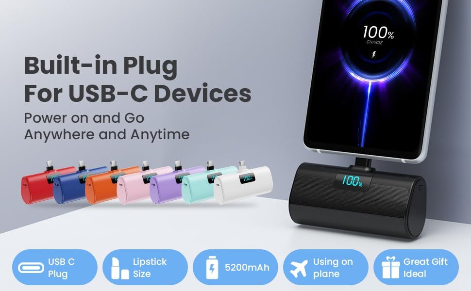 2-Pack, Portable Charger for iPhone 17/16/15 Series, Upgraded 5200mAh PD USB C Power Bank Built-in USB-C Connector, Battery Pack