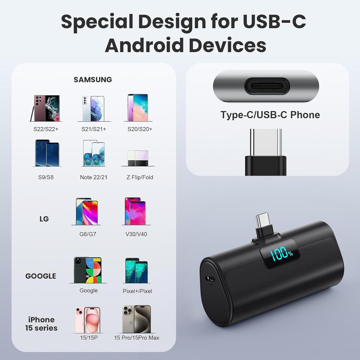 2-Pack, Portable Charger for iPhone 17/16/15 Series, Upgraded 5200mAh PD USB C Power Bank Built-in USB-C Connector, Battery Pack