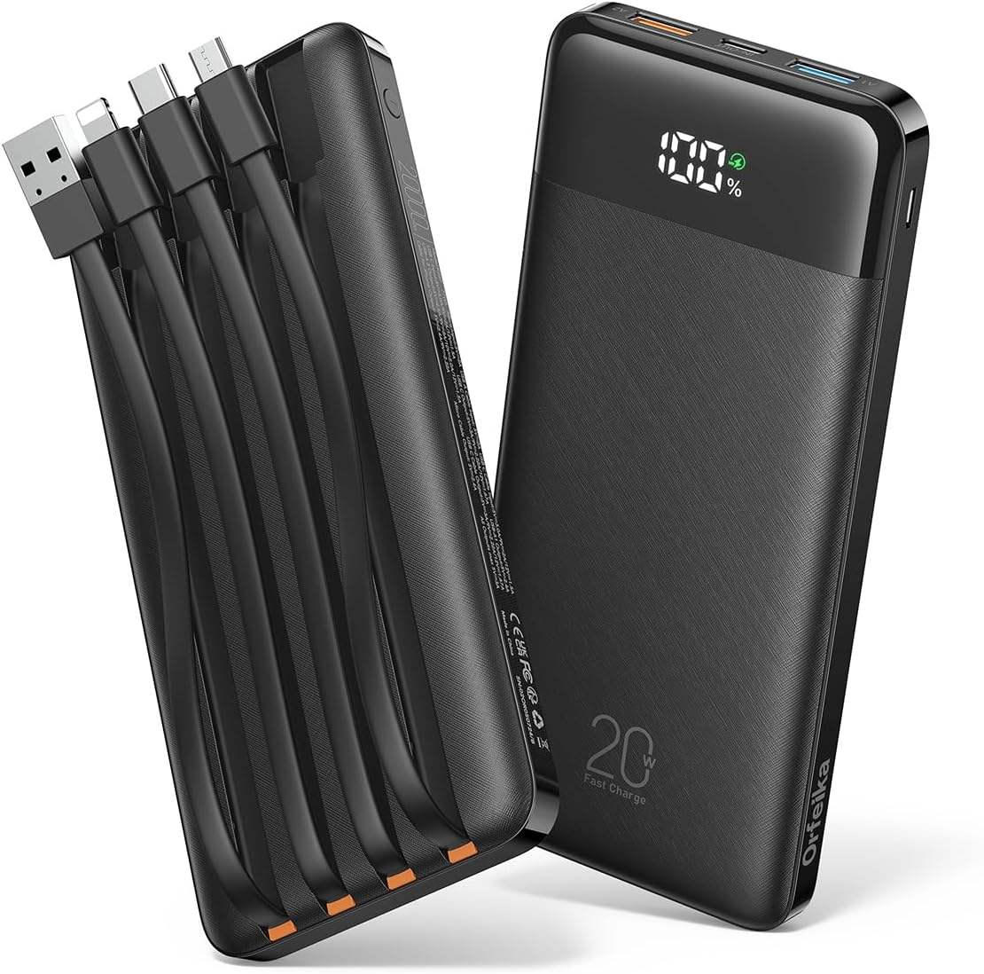 20000mAh Power Bank Fast Charging, Portable Charger with 4 Built-in Cables & 6 Outputs, 20W PD USB C Battery Pack Compatible with iPhone 16/15, Galaxy