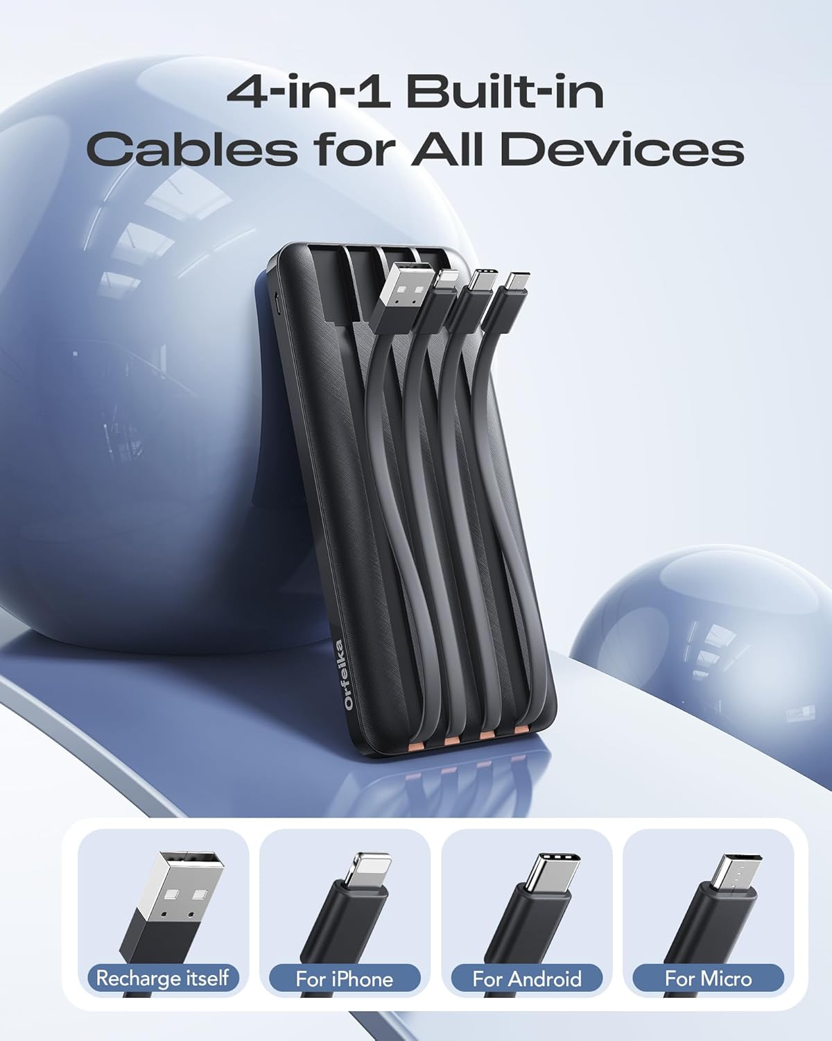 20000mAh Power Bank Fast Charging, Portable Charger with 4 Built-in Cables & 6 Outputs, 20W PD USB C Battery Pack Compatible with iPhone 16/15, Galaxy
