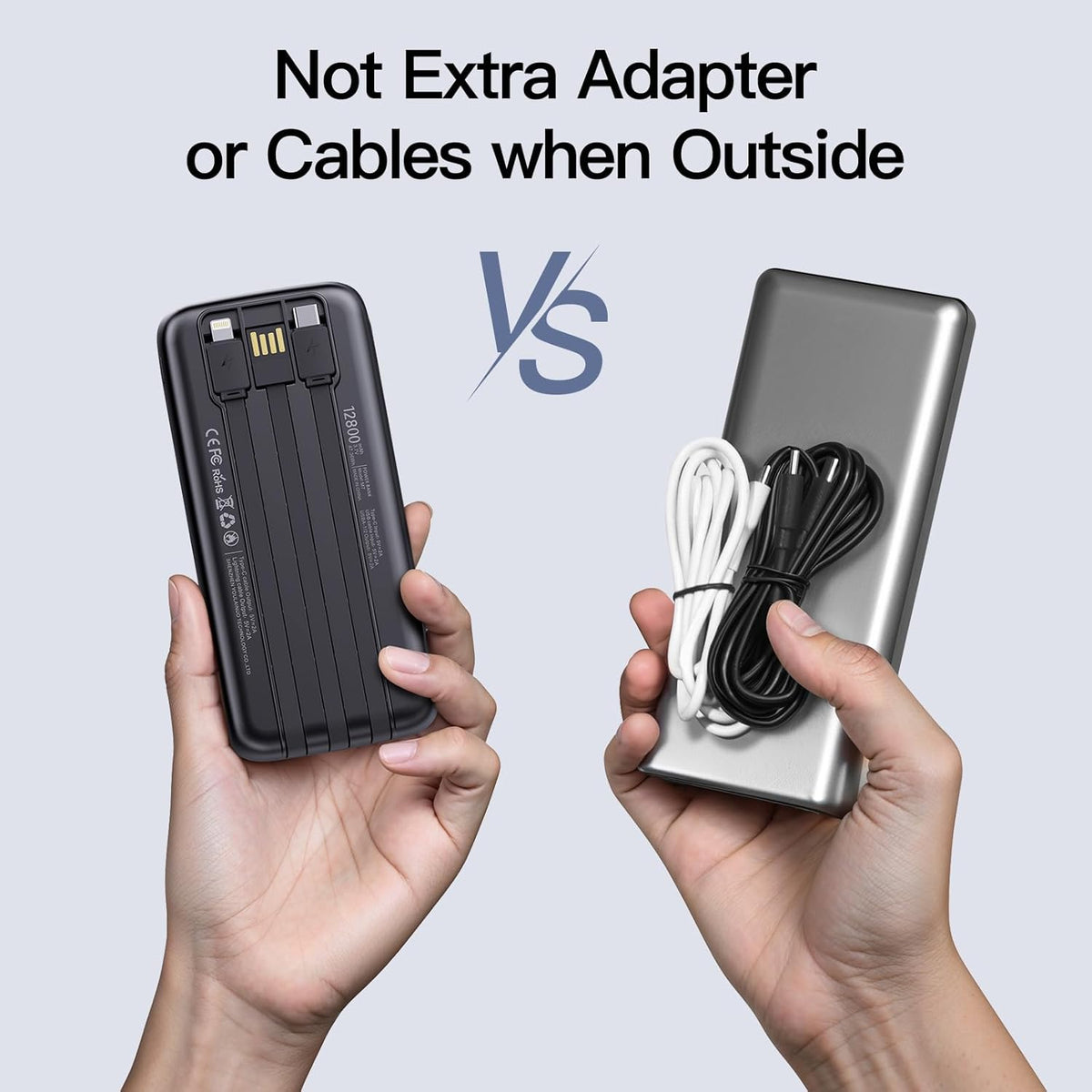 2-Pack 12800mAh Portable Charger with Built in Cables, Travel Essential Battery Pack, 4 Outputs 2 Inputs Slim Power Bank with Cord Wires