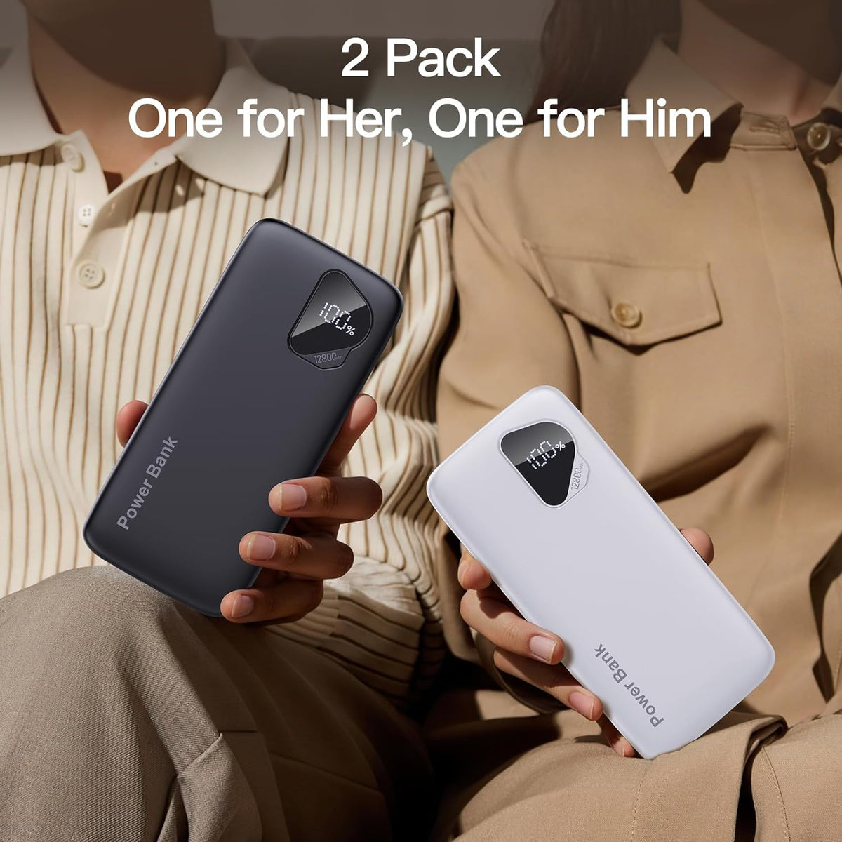 2-Pack 12800mAh Portable Charger with Built in Cables, Travel Essential Battery Pack, 4 Outputs 2 Inputs Slim Power Bank with Cord Wires