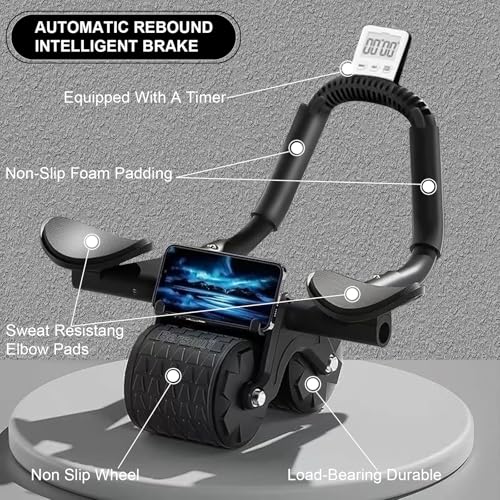 Ab Roller Wheel with Knee Mat &Timer, Automatic Rebound Abdominal Wheel, Ab Abdominal Exercise Roller with Elbow Support