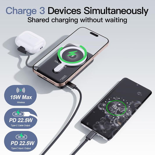 M3 Ultra Slim 0.4'' Wireless Power Bank, 12800mAh Magnetic Portable Charger with Built in Cable and Strap