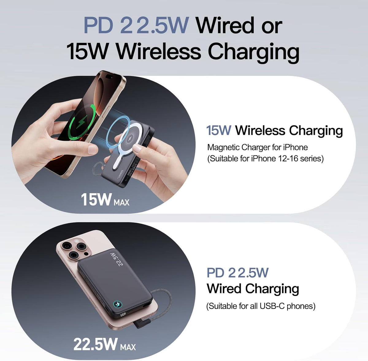 M3 Ultra Slim 0.4'' Wireless Power Bank, 12800mAh Magnetic Portable Charger with Built in Cable and Strap