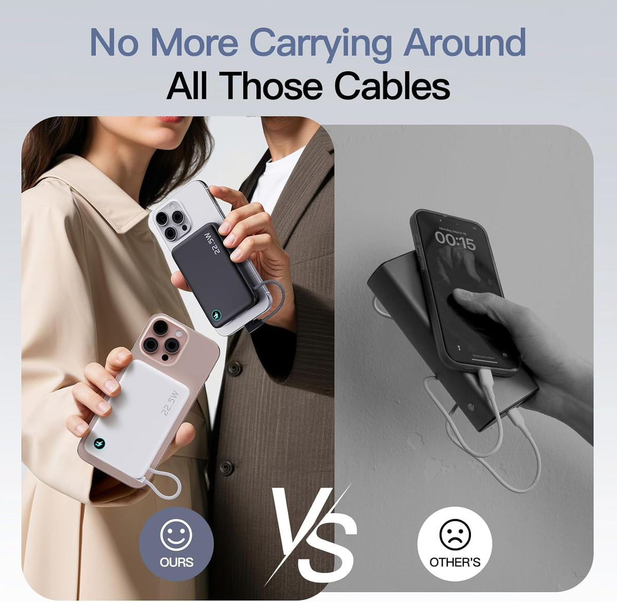M3 Ultra Slim 0.4'' Wireless Power Bank, 12800mAh Magnetic Portable Charger with Built in Cable and Strap