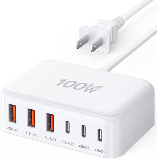 USB C Fast Charger, 100W GaN 6 Port Type C Charging Station Hub Block Cube, USB C Wall Charger Power Strip Adapter Plug