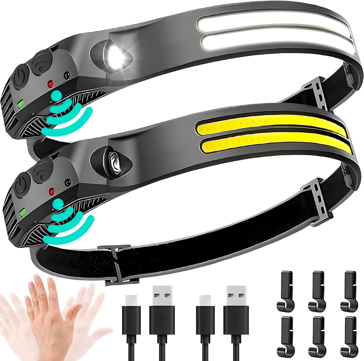 2PCS LED Headlamp Rechargeable - 230° COB Super Bright Head Lights for Forehead, Hard hat Light for Adults, USB C Headband Flashlight for Work, Hiking
