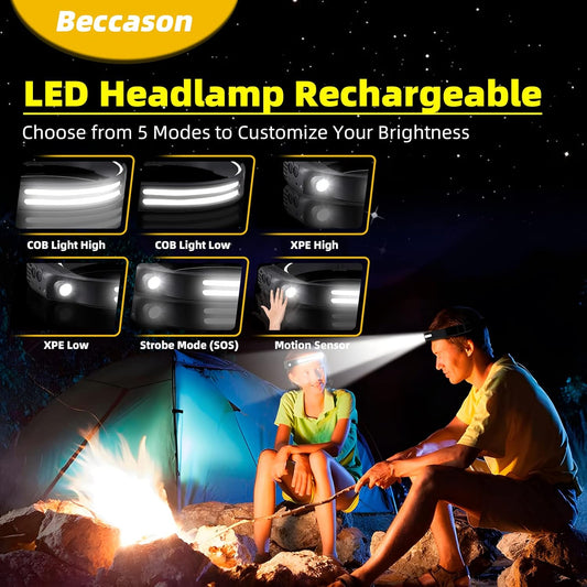 2PCS LED Headlamp Rechargeable - 230° COB Super Bright Head Lights for Forehead, Hard hat Light for Adults, USB C Headband Flashlight for Work, Hiking