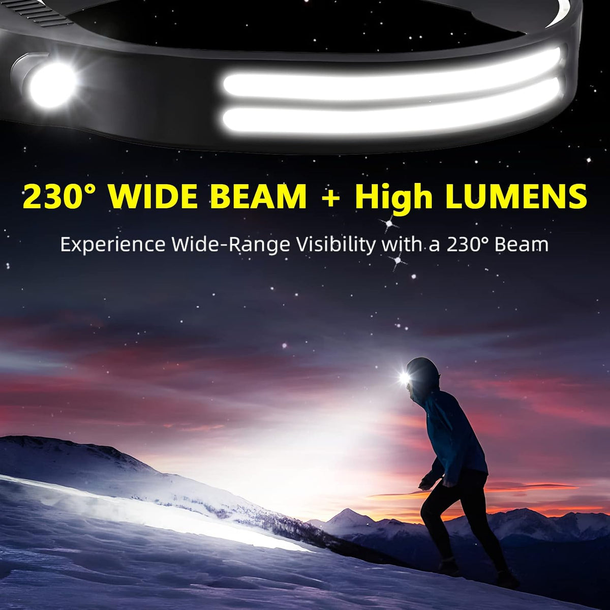 2PCS LED Headlamp Rechargeable - 230° COB Super Bright Head Lights for Forehead, Hard hat Light for Adults, USB C Headband Flashlight for Work, Hiking