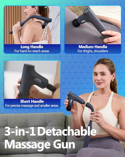 3-in-1 Detachable Massage Gun with Ergonomic Extension Handle, Portable Percussion Muscle Massager for Back & Shoulder