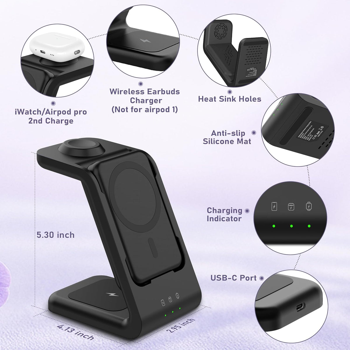 3 in 1 Wireless Charging Station, 5000mAh Removable Power Bank Charger Stand for Phone/Watch/Air Pods - Portable Magnetic Battery Pack