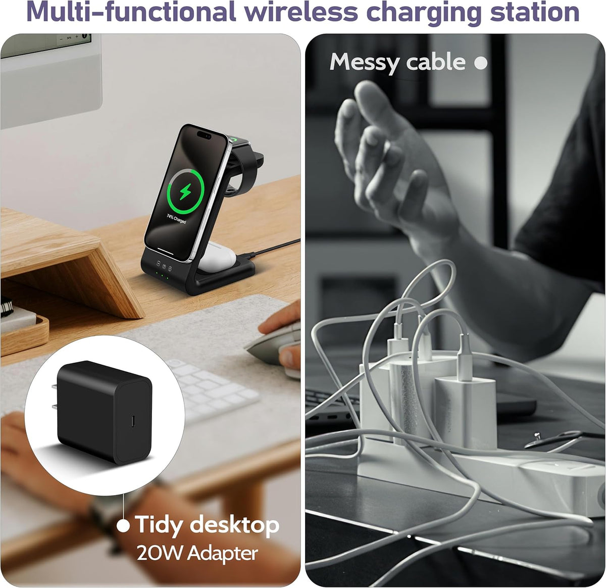3 in 1 Wireless Charging Station, 5000mAh Removable Power Bank Charger Stand for Phone/Watch/Air Pods - Portable Magnetic Battery Pack