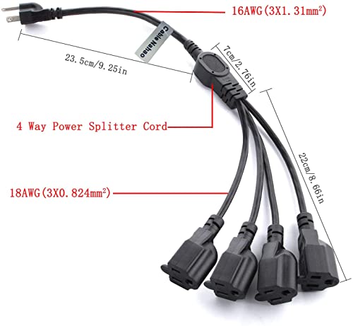 3 Prong 1 to 4 Outlet Power Cord Splitter Cord,Indoor Outdoor Cable Strip Outlet Saver,Power Extension Cable,SJT 16AWG,ETL Approved for Computer