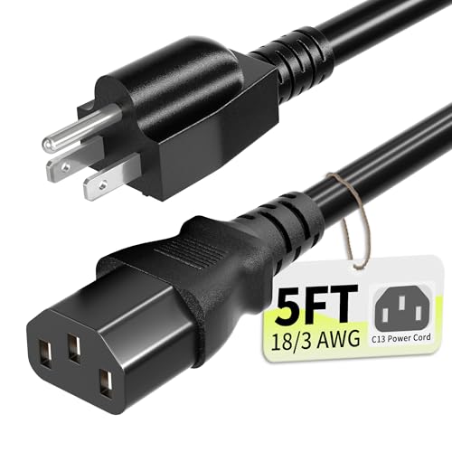 3 Prong 5FT AC Power Cord Cable - NEMA 5-15P to C13, 10A 125V, 18AWG, ETL Listed, for PC, TV, Monitor, Printer, PlayStation, HP, Dell, Lenovo, Apple