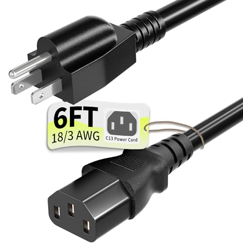 3 Prong AC Power Cord Cable 6ft 10 Amps 125 Volts 18AWG, NEMA 5-15P to C13, Black PC Power Cable for TV, Computer, Monitor, Printer, PlayStation, HP