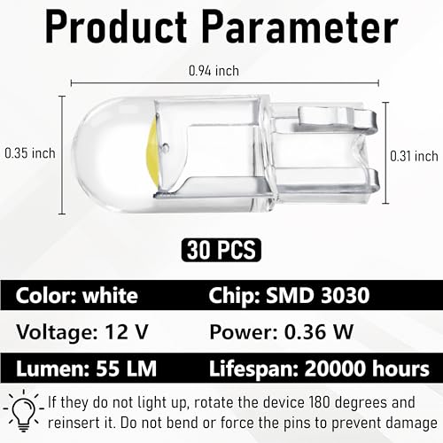 30 PCS Car 194 LED Bulbs, 168 2825 W5W T10 Wedge COB LED Replacement Bulb, 6000K License Plate Light Bulb, Error Free Interior Bulb (White)