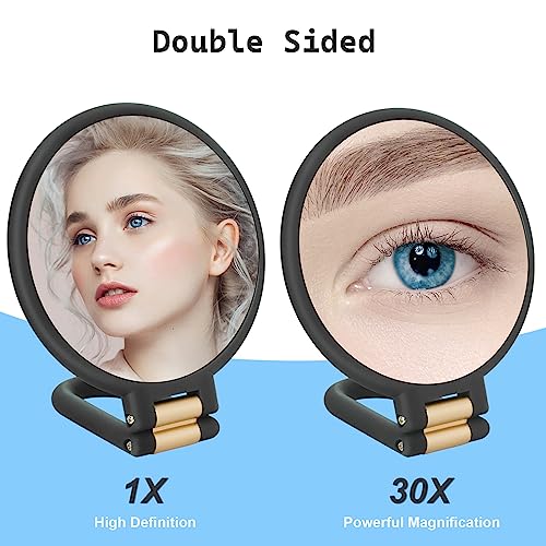 30x Magnifying Mirror, Travel Hand Mirrors with Handle - Double Side Handheld Mirror with 1X 30X Magnification & Adjustable Handle/Stand (Black)