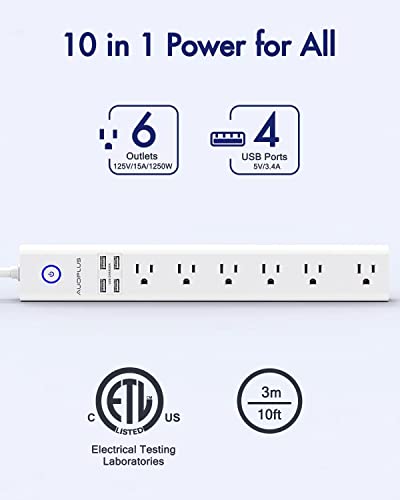 Power Strip 10Ft - Surge Protector with USB, AUOPLUS 6 Outlet and 4 USB Charger, 10Ft Long Extension Cord Flat Plug(1250W/10A/2100J), Wall Mountable Overload Protection for Computer Home Office Dorm